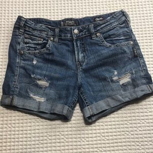 Silver Jean Boyfriend Mid Short Destroyed Size 29 5 Pocket Button Fly